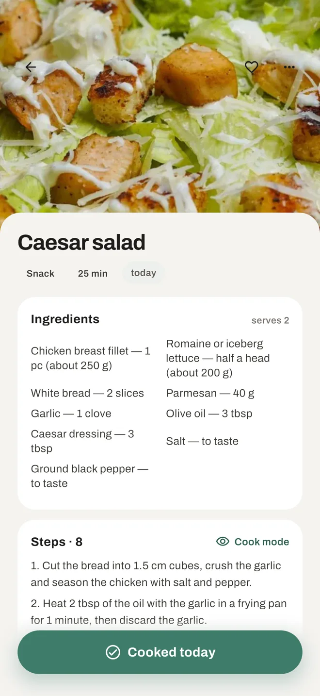 A dish card with ingredients and steps